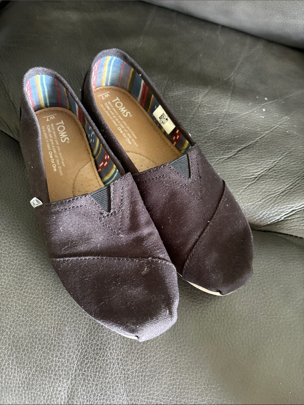 Toms Black Canvas Slip-On Shoes with Striped Lining